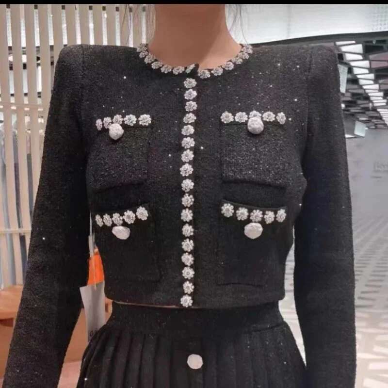 Women's Black Round-Neck Dia-Studded Two-Piece Suit, Long-Sleeved Knitted Pocket Top Or Slim-Fit Skirt