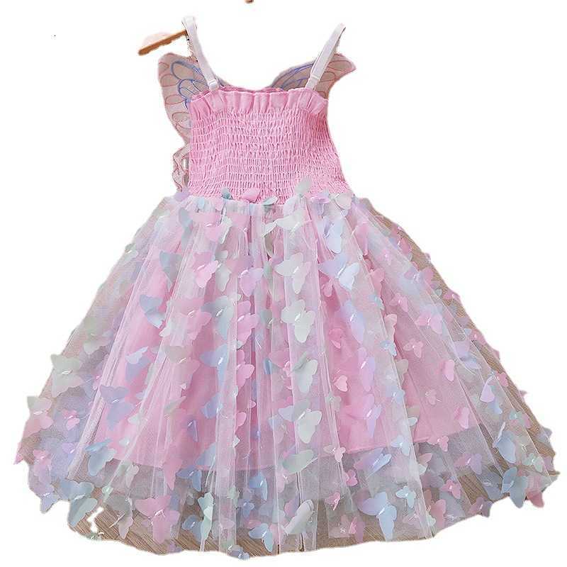 Girl's Dresses Pure cotton butterfly suspender girls' dress with bubble sleeves and colorful lights, Frozen princess dress