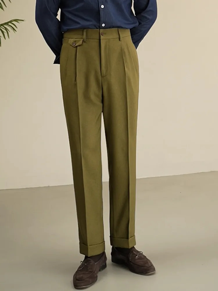 Green pleated Naples straight leg pants Italian mens business office uniform Trouser Pantalon Para Hombres 250313