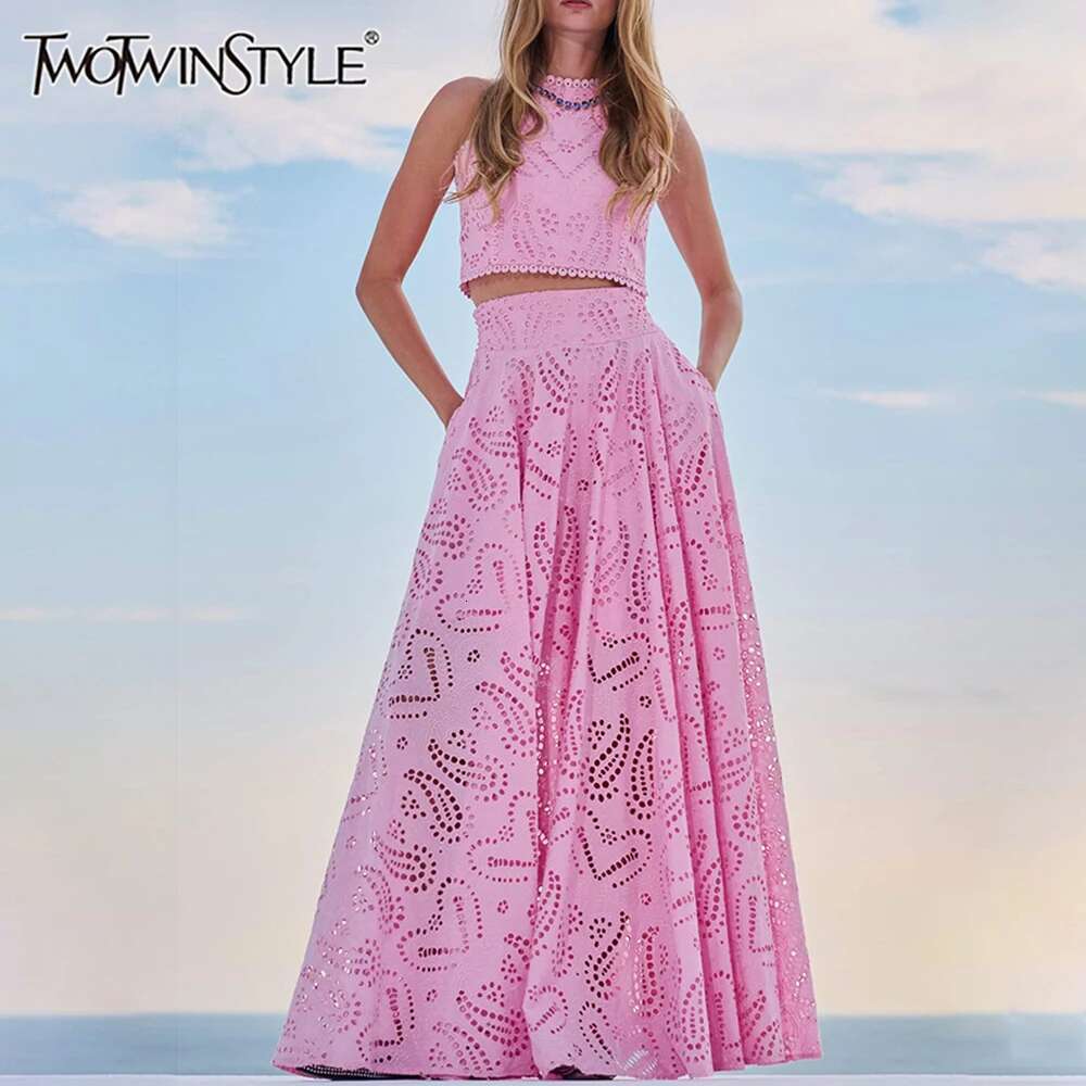 TWOTWINSTYLE Embroidery Two Piece Set For Women O Neck Sleeveless Hollow Out Top High Waist A E Skirt Slimming Sets Female