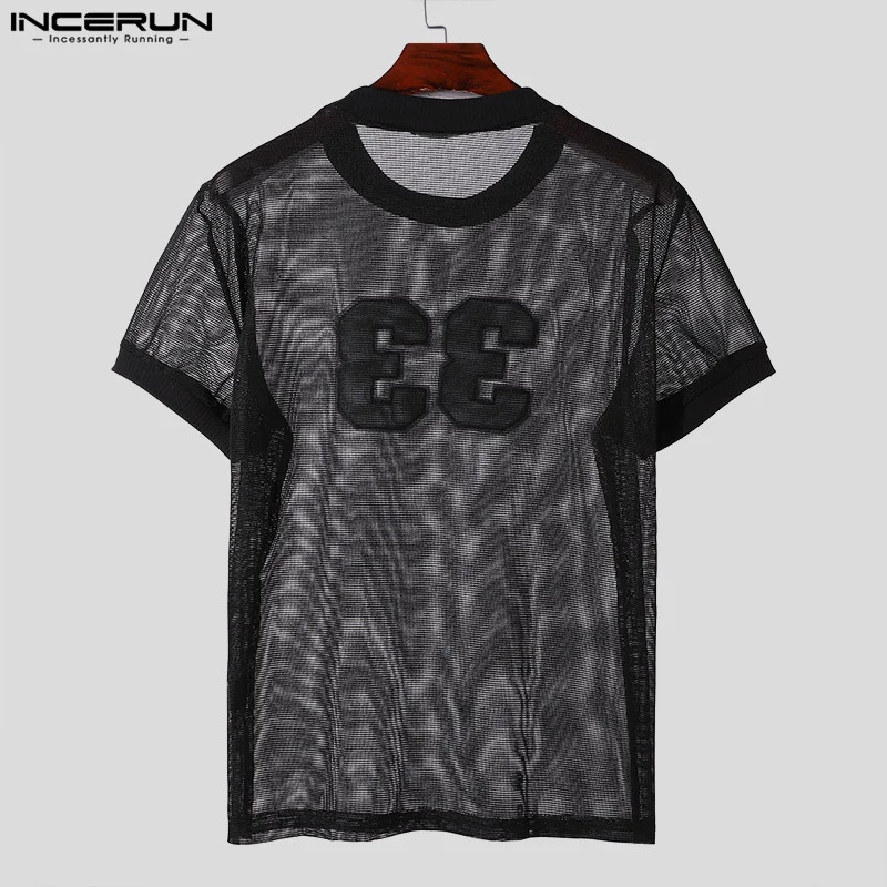 INCERUN Tops American Style Fashion Men Mesh Fabric Digit Printed Tshirt Casual Personality Oneck Short Sleeved Shirt S5XL 250312
