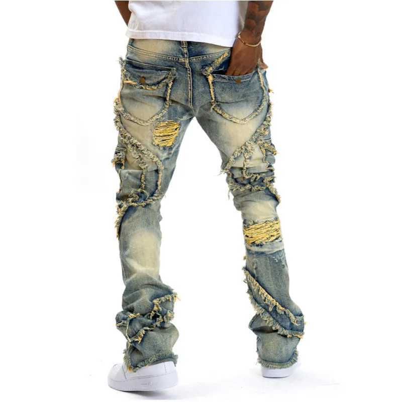 Mens ripped stacked jeans extremely slim tight straight leg jeans fashionable hip-hop jeans casual streetwearT250319