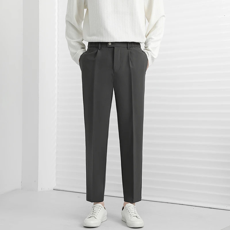 Spring mens suit pants elastic waist solid wide leg dress for office and leisure Japanese chiffon wear 250313
