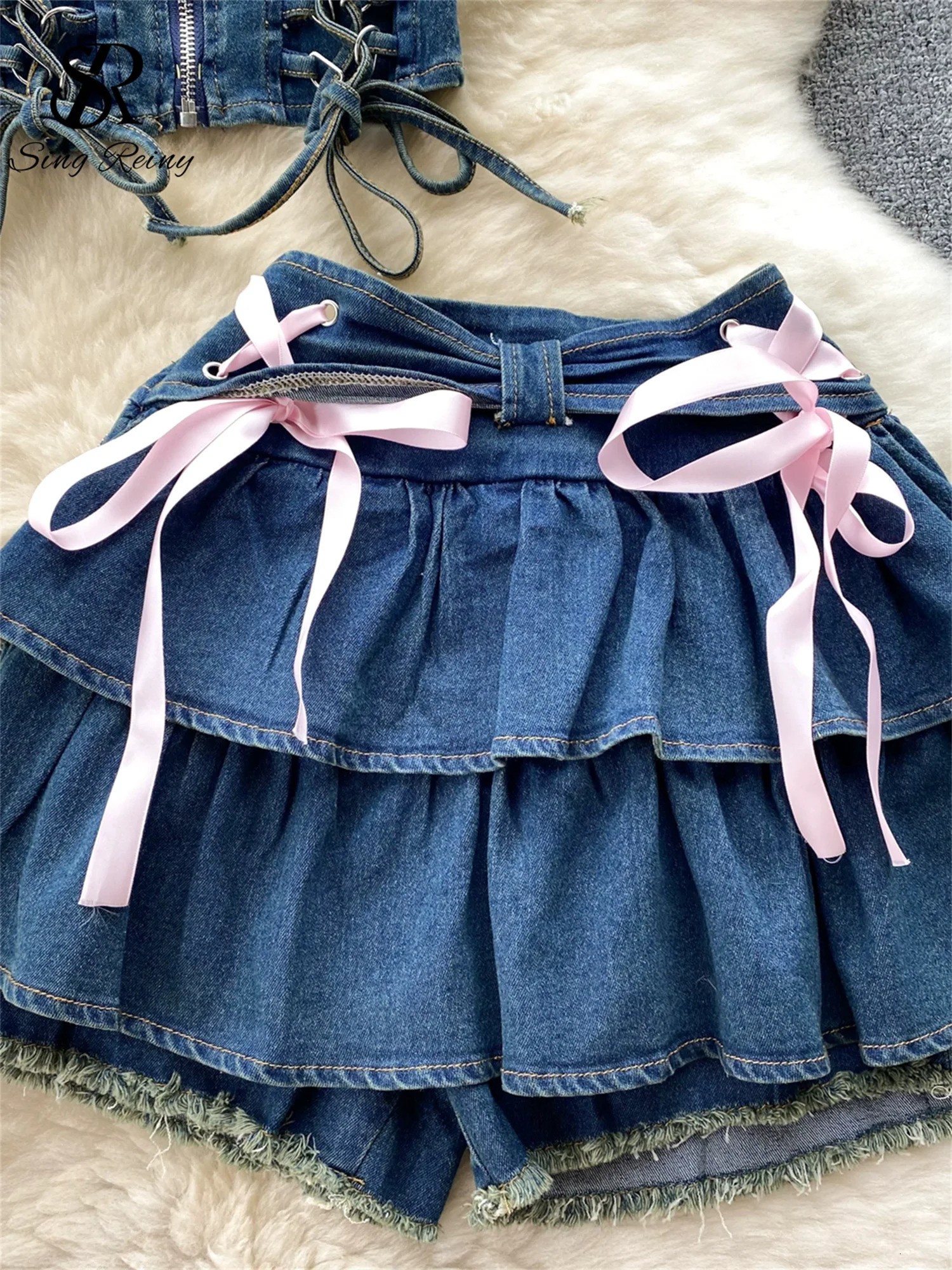 SINGREENY week denim twopiece zip strapless Y2K topelastic mini Culottes lace cross bandage streetwear set 250312