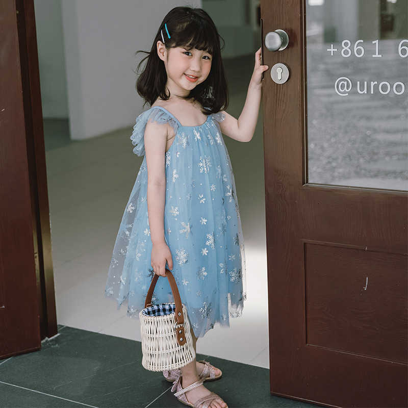 Girl's Dresses 23 Summer New Frozen 2 Elsa Girls Blue Dress Girls Sleeveless Mesh Princess Strap Skirt
