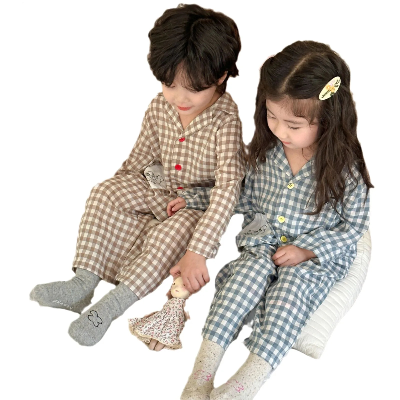 Spring Autumn Childrens Boys Sleepwear Cotton Checkered Long Sleeved Shirtspants 2PCS Suit Kids Baby Boys Pajamas 250314