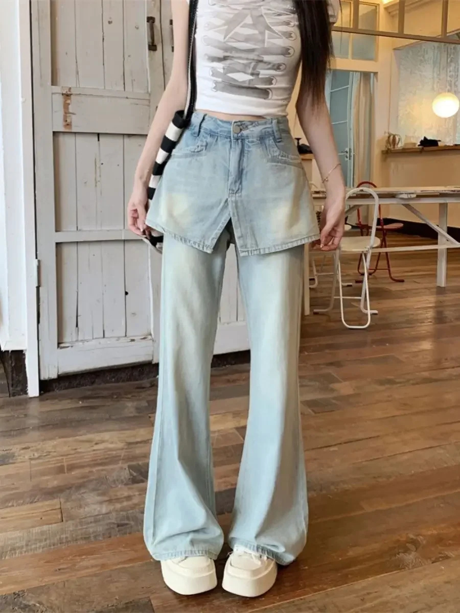 Summer Korean Fashion Two Piece Spliced Skirt Jeans Women High Waist Slimming Straight Pants Flare Clothing 250310