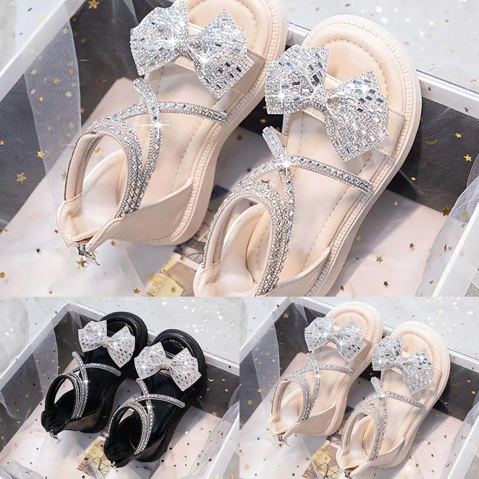 Summer new rubber sole lightweight breathable rhinestone bow girl beach sandals girl dress sandals size 12T250315