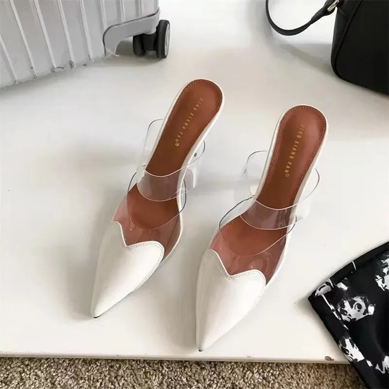 Patent Leather PVC Pumps Stiletto Sandals Pointed Toe Straps Heart Detailing at the Toes High Heel Slippers Wedding Shoes 250314