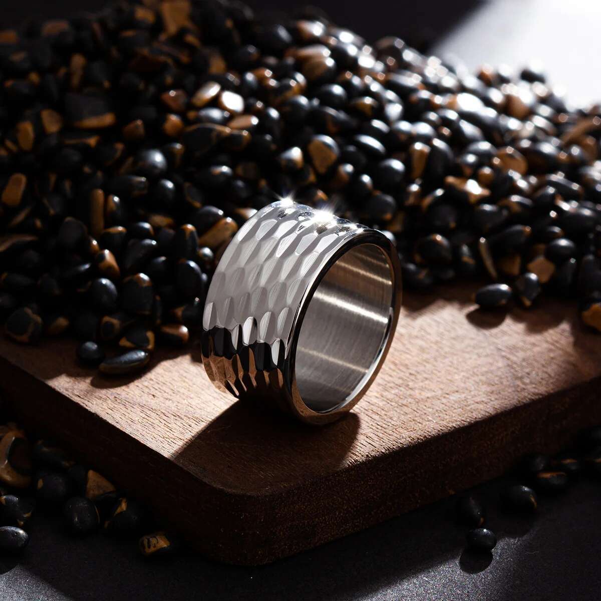 12MM Mens Sier Color Stainless Steel Hammered Multi-Faceted Polished Stepped Edges Men Engagement Ring Anniversary Gifts