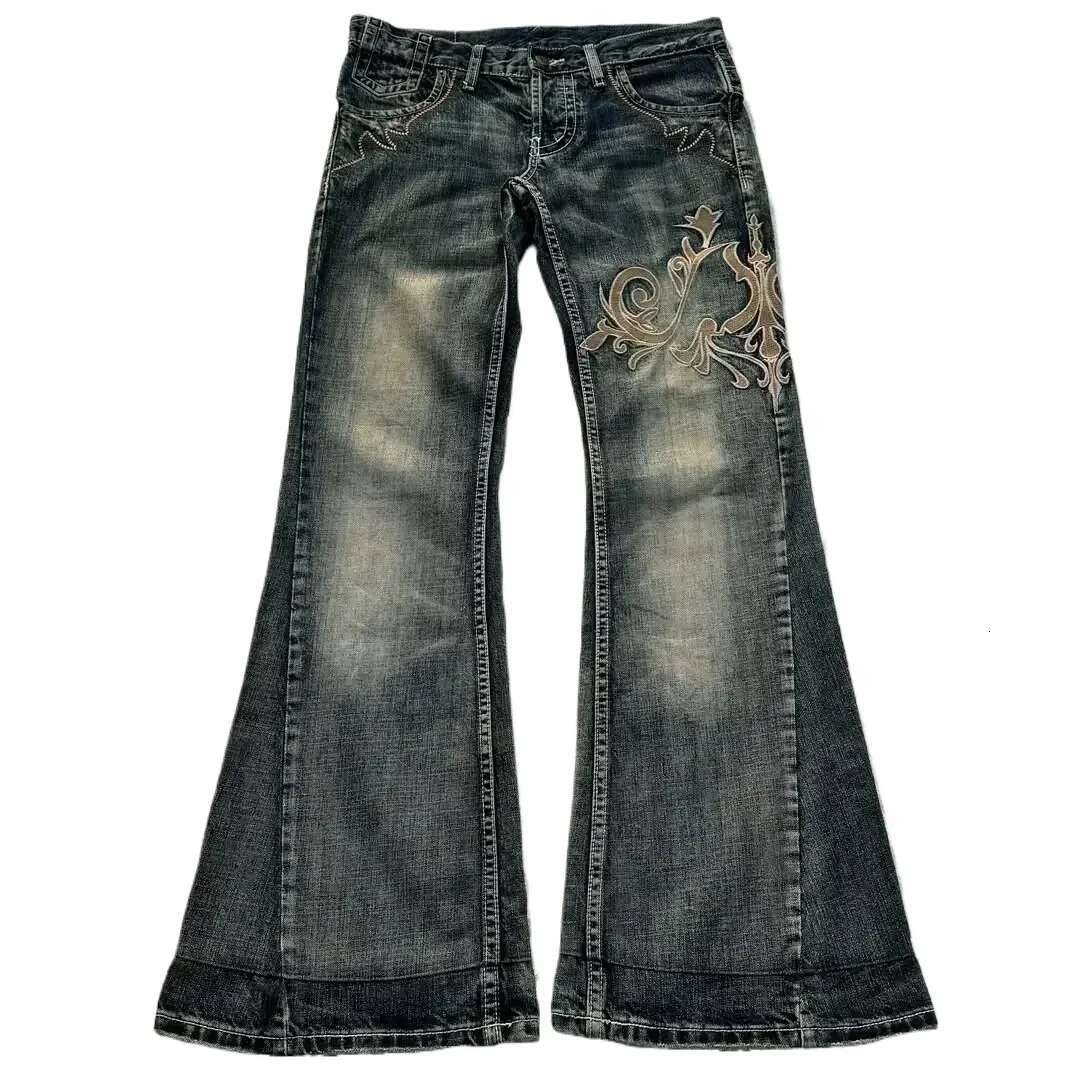 Y2k New American Retro Embroidery Pattern Horn -Shaped Street Fashion Gothic Slim Mop Pants Women Jeans