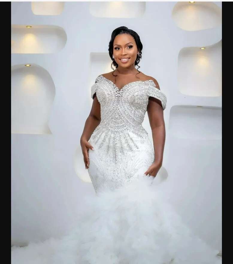 Custom off shoulder bright rhinestone crystals for bride plus size organza layers mermaid wedding dress