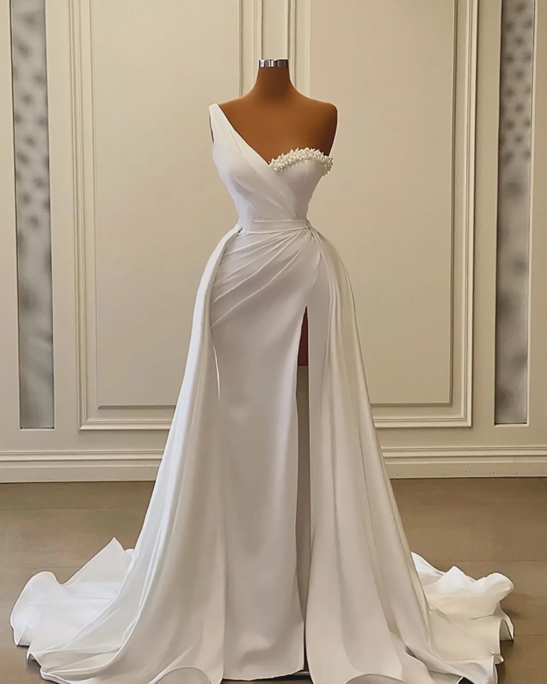 Prom Gown White Evening Dresses Party Mermaid Sleeveless Satin Plus Size Zipper Lace Up New Custom Pleat One-Shoulder Beaded Pearls Detachable Train