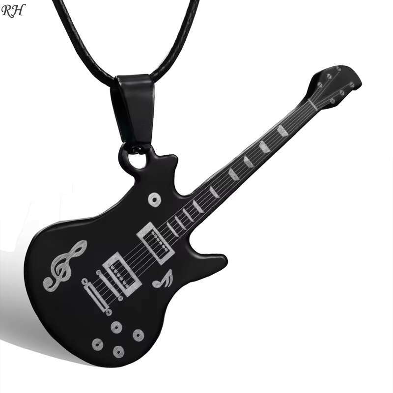 2025 New model Fashion 316L Stainless Steel Guitar for Men Punk Sier Instrument Pendant Leather Chain Necklace Trendy Rock Jewelry