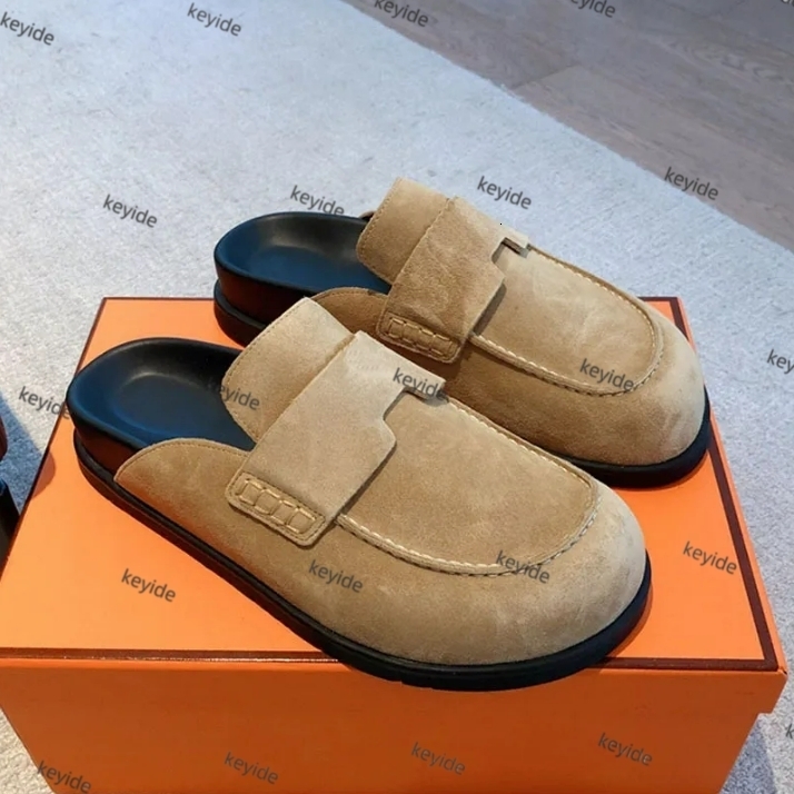 GO mule Italian designer Summer suede calfskin Mule Women Men Flat Slippers Fashion beige Indoor Slide Beach Sandals chamois Casual mule Boken wool slippers123