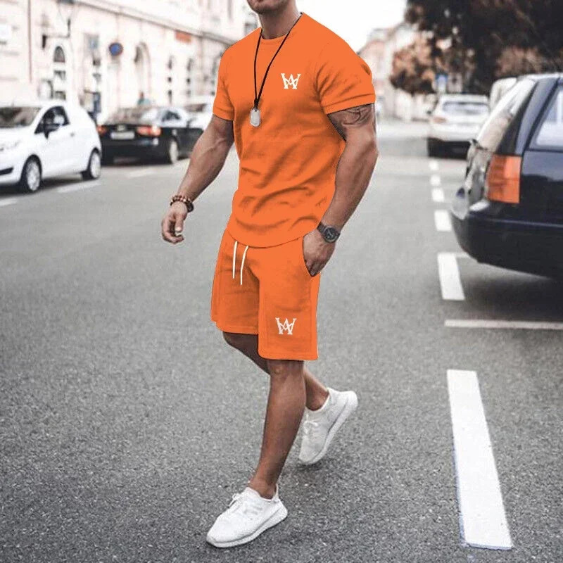 Latest Mens W-shaped Printed Casual T-shirt Set Round Neck Short sleeved Top Home Clothes Summer 250310