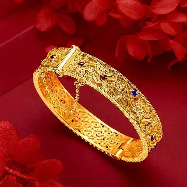 Luxury 24K Gold 9999 Real Gold Orchid Bracelet Enamel Large Bracelet Valentines Day GiftXJ250315