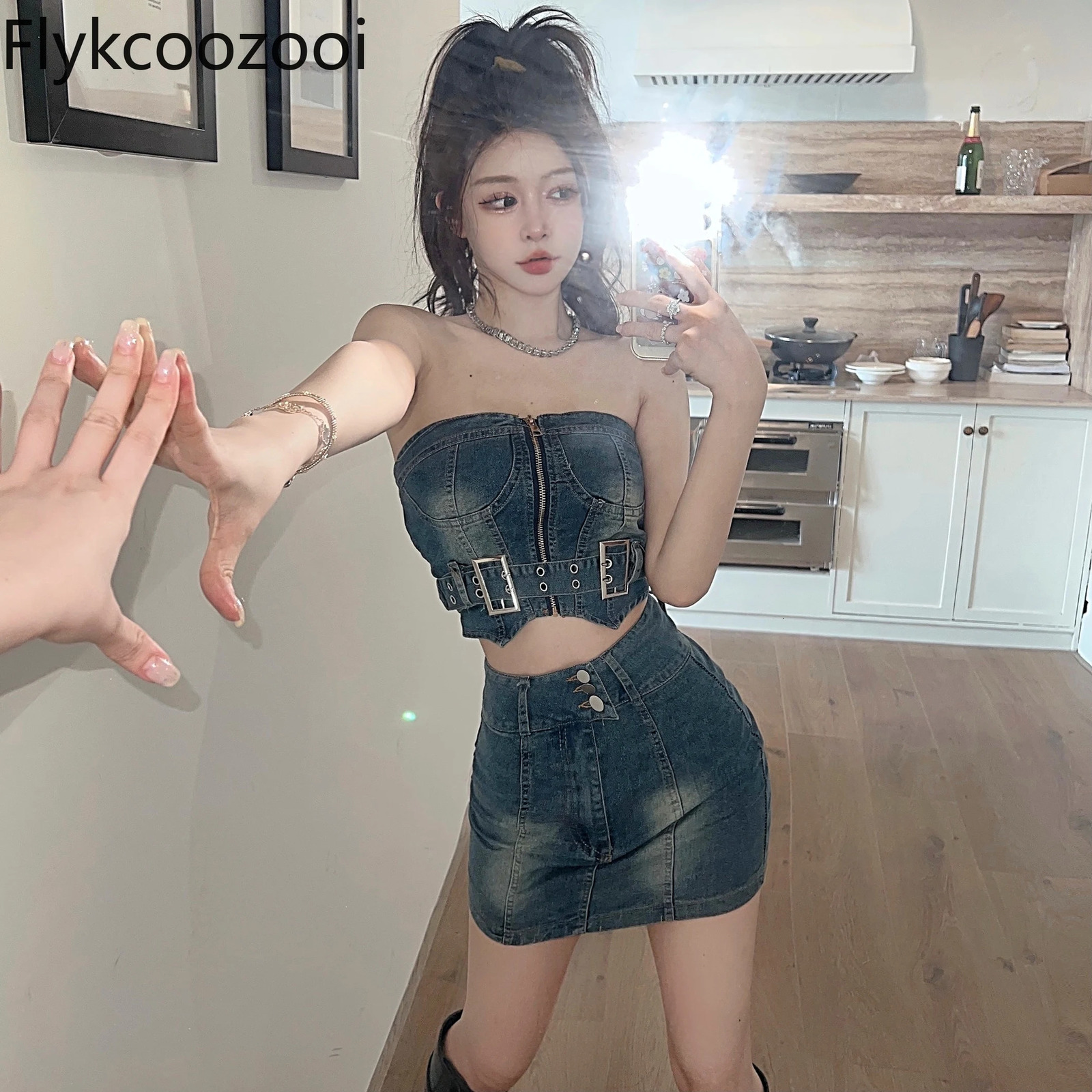 girl strapless necklace tophigh waisted denim wrap around hips skiing Conjuno Feminino summer ensemble De Jupes 250312