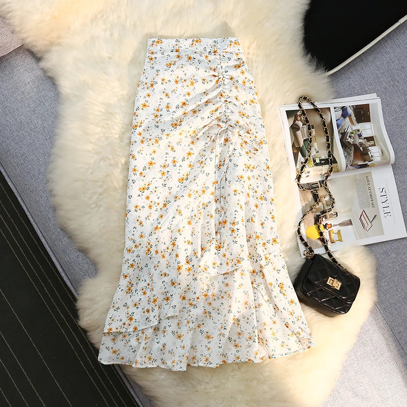 Seoulish Women Spring Summer Irregular Skirt Elastic High Waist Elegant Chiffon Floral Printed Pencil Midi Female 250310