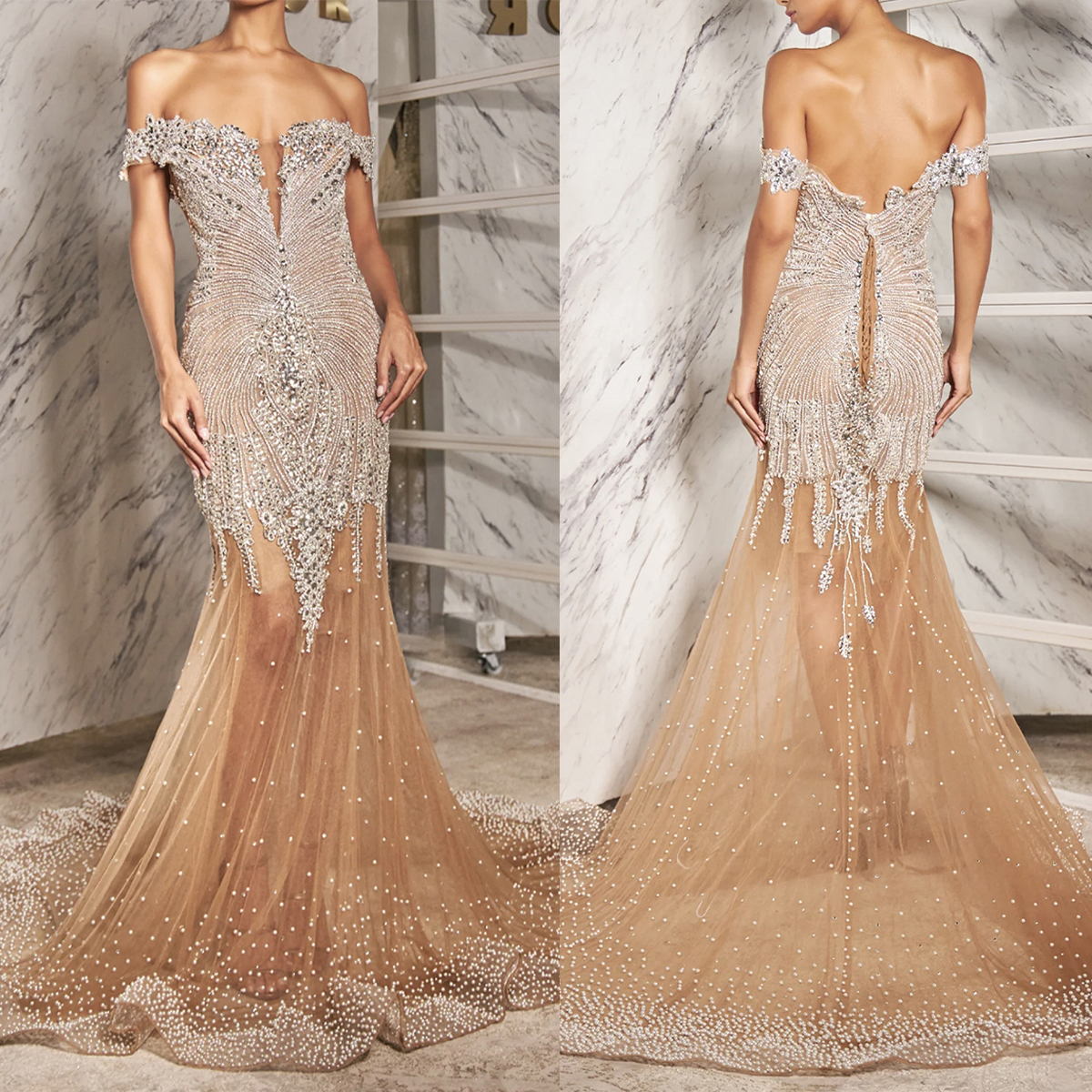 Fashion Wedding Dresses Crystal Rhinestone Bridal Gowns with Detachable Train Off Shoulder Mermaid Puff Customized Sweep Train Bride Dress Vestidos De