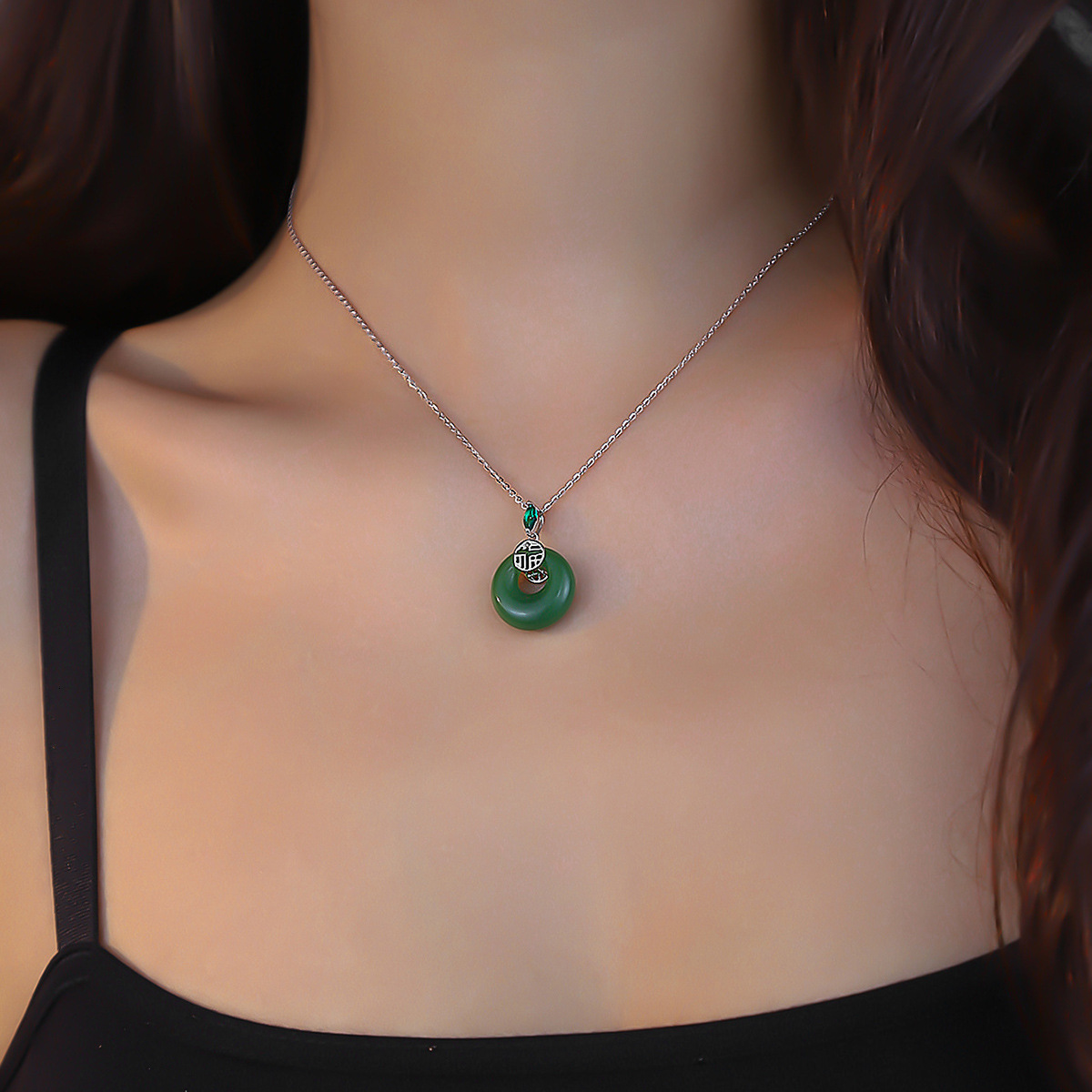 S925 Silver Necklace Women's New Sterling Silver Natural Chalcedony Necklace Vintage Zircon Blessing Character Clavicle Chain Jewelry