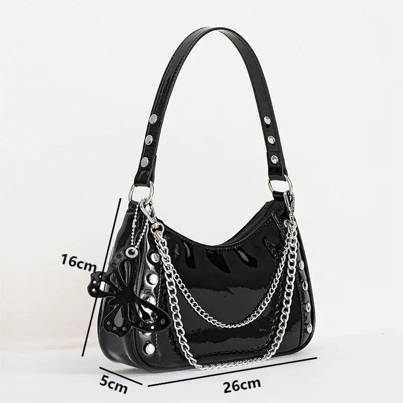 Fashion Y2K Women Chain Rivet Shoulder Bags Female Butterfly PU Leather Zipper Underarm Bags Cool Girls Punk Handbags Purse 250314