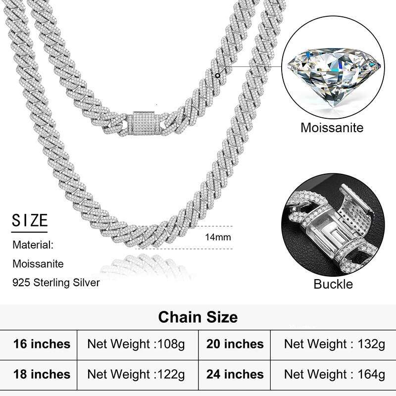 14MM Unisex VVS1 Full Moissanite Cuban Chain Necklace for Man Women Sterg Sier Hip Hop Jewelry Gifts High Quality 2025