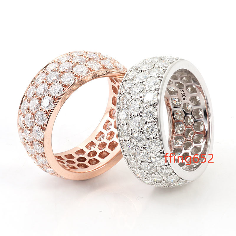 Silver Men Moissanite Band With D Color VVS Three Rows Stone Ice Out Round Brilliant Cut Loose Diamond Hip Hop Ring