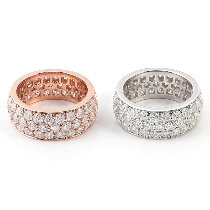 Silver Men Moissanite Band With D Color VVS Three Rows Stone Ice Out Round Brilliant Cut Loose Diamond Hip Hop Ring