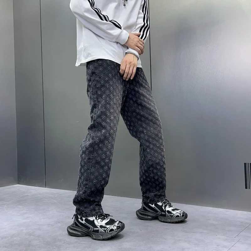 American style retro street floral print mens loose straight leg fashion brand retro mens jeansT250319