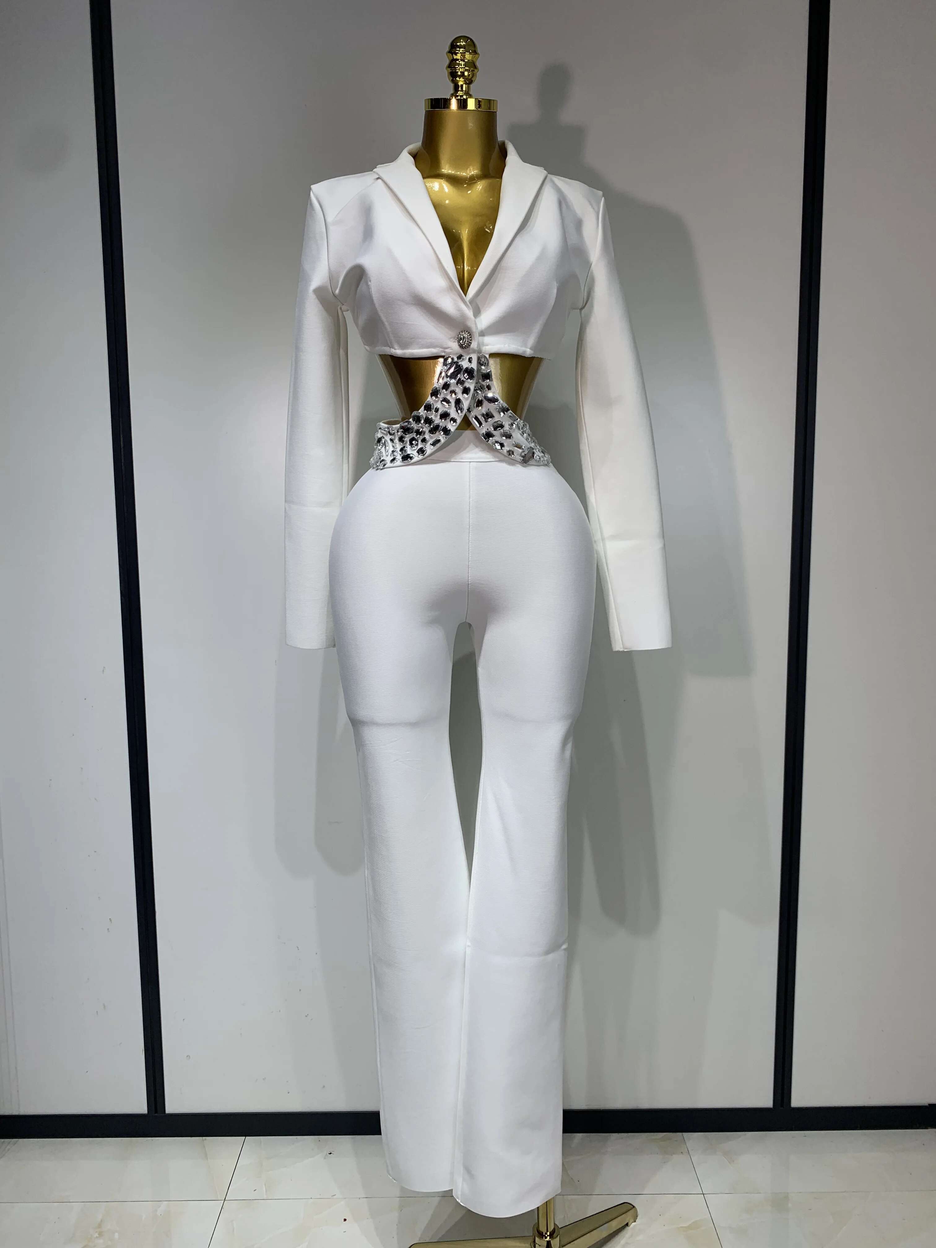 Women Sexy Long Sleeve Beading Bodycon Two Pieces Pants Bandage 2025 Celebrity Designer Fashion Women's Birthday Set