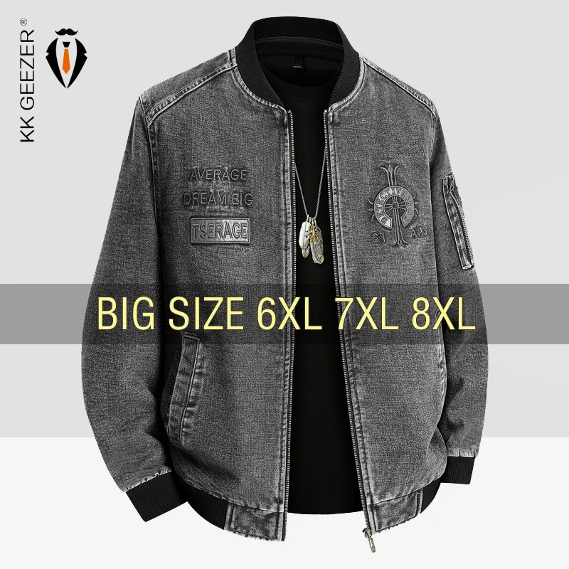 Mens jacket denim spring trench size 6XL 7XL 8XL Plus baseball motorcycle camping street clothing soft shell 250312