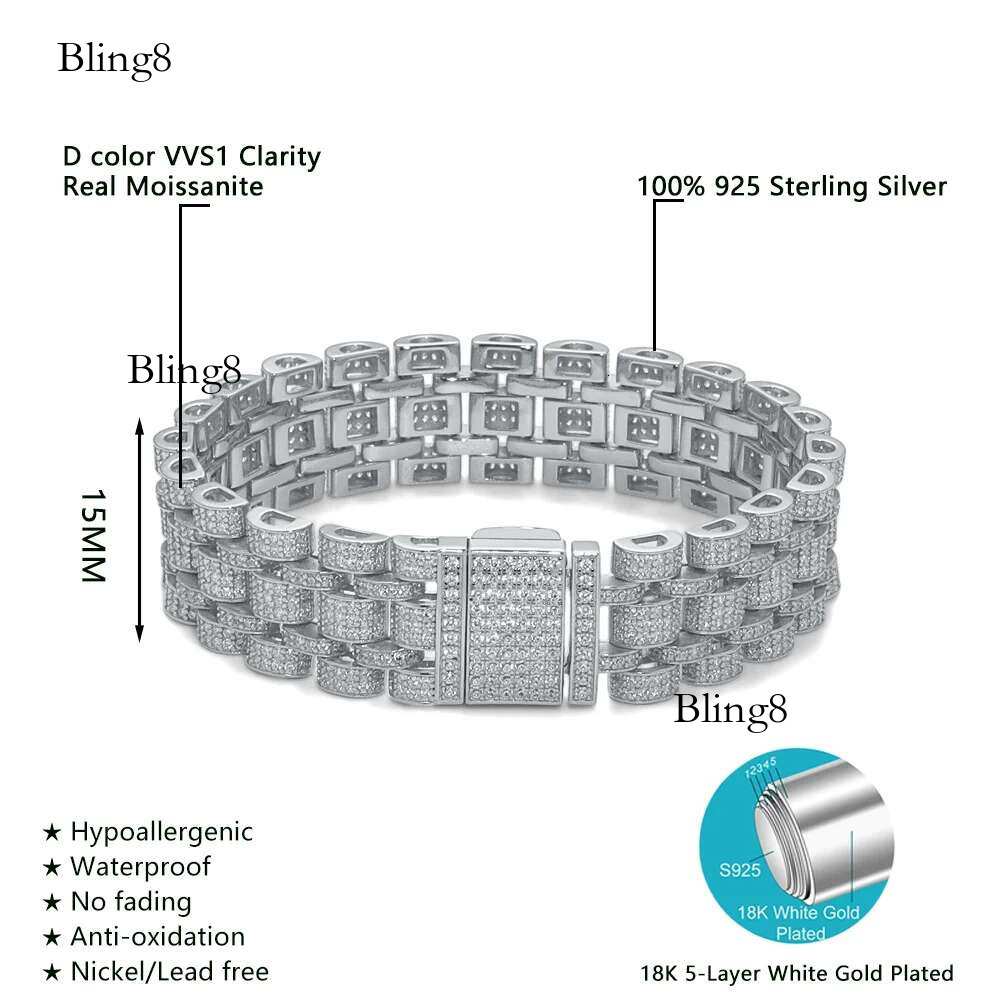 New 15MM Cuban Tennis for Men D VVS1 Full Moissanite S Sterg Sier Plated White Gold Hip Hop Party Bracelet