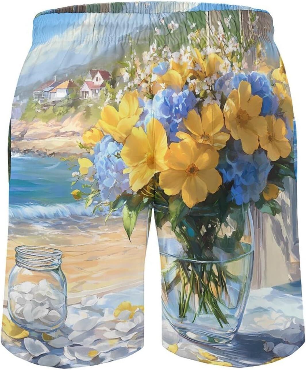 Seaside Bouquet Hydrangea Flowers Beach Shorts for Men Swim Trunks Quick Dry Bathing Suit Drawstring Hawaiian Short cool