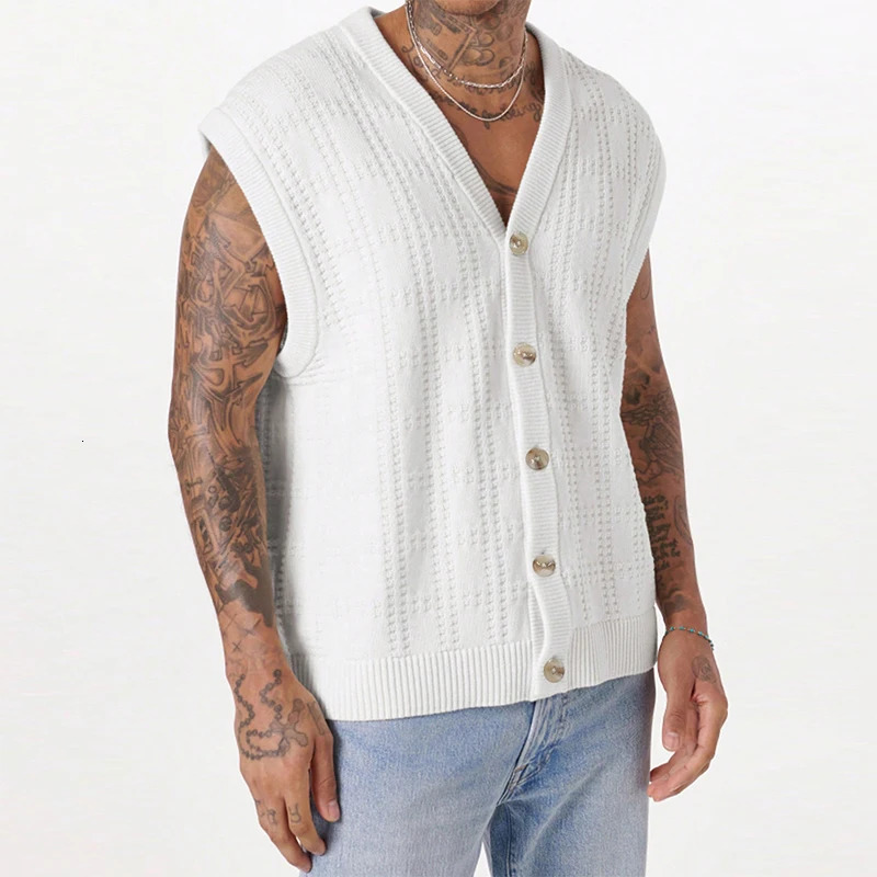Fashion Hollow Out Mens Knitting Tank Tops Summer Trendy Loose Sleeveless Button V Neck Vest Men Cardigans Streetwear Camisoles 250310