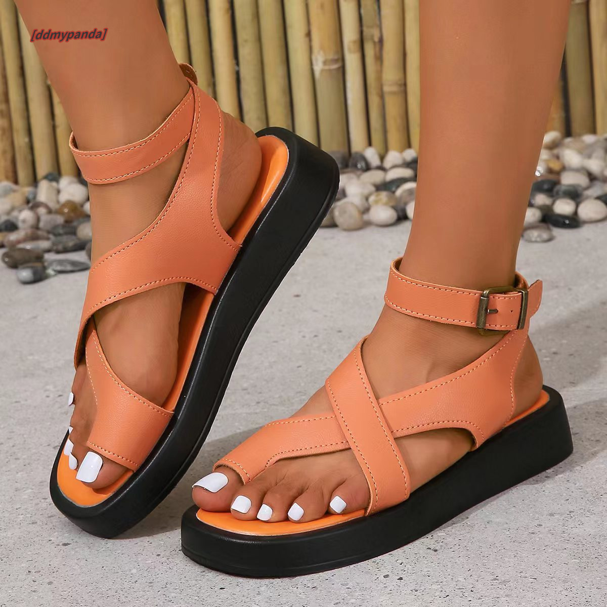 2025 New Large Toe Polyurethane Thick Bottom Casual Roman Style Outward Loop Buckle Strap Women's Sandals ddmypanda