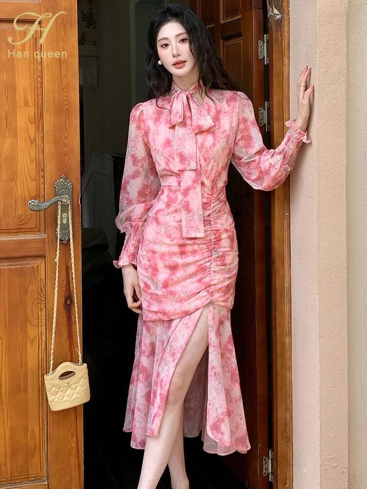 H Han Queen Women's Chiffon Long Sleeve Printed Ral Pleated Casual Fishtail Beach Holiday Dress Spring Summer