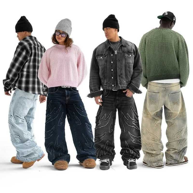 2025 New American Retro Flame Embroidery Baggy Womens Jeans Y2K Harajuku Hip Hop Gothic High Waist Wide Trousers Street WearT250319