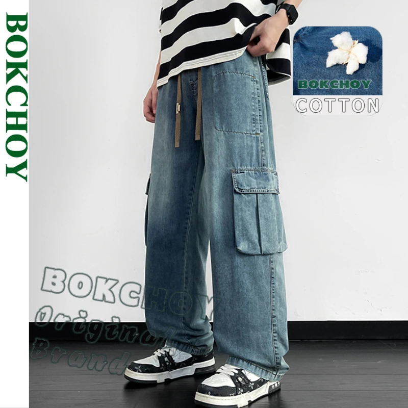 Spring Summer Casual Cargo Cotton Straight Jeans for Men Clothing Big Pockets Drawstring Loose Men Pants YBJYF-2587 250314