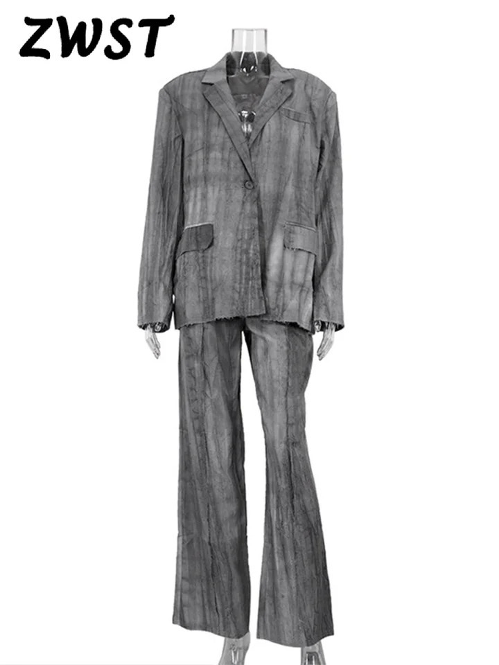 Solid collar womens jacket set with wide legs and high waist pants fashionable casual full one button 250313