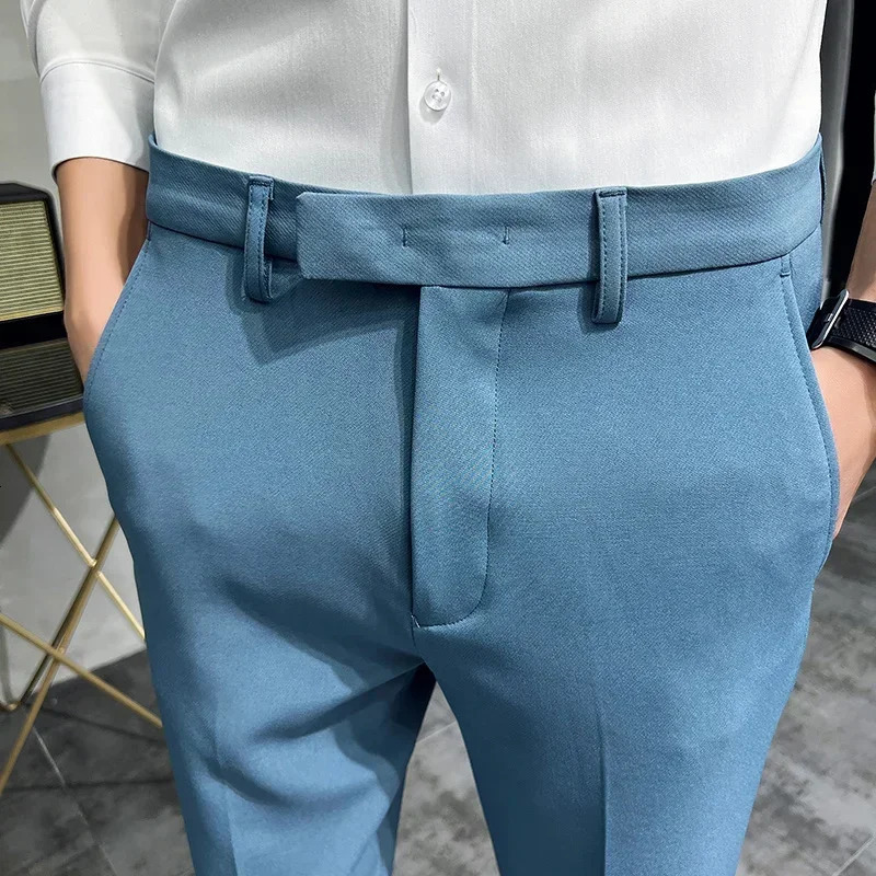 Mens Dress Pants Summer Fashion Dark Green Suit Pure Color Business Slim Fit Office Tight Cropped Trousers 250313