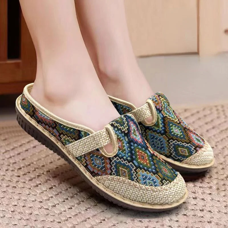 Womens Non-slip Cloth Shoes Summer Breathable Linen Sandals and Slippers Womens Outerwear Soft Bottom Baotou Slippers 250327