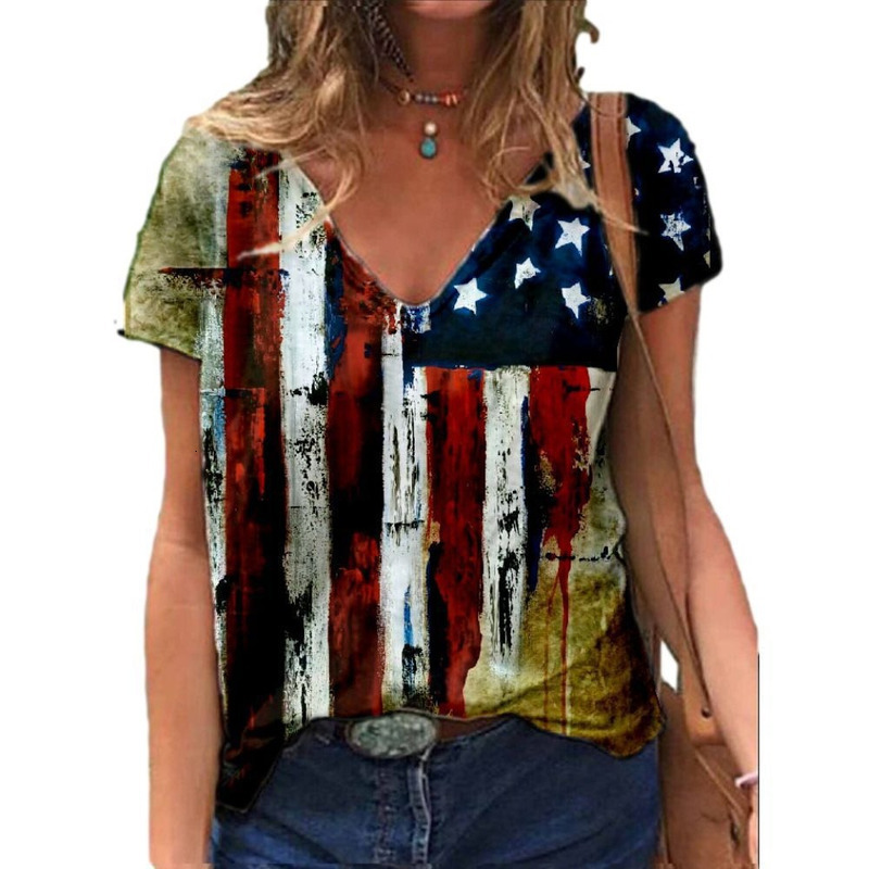 2025 US Independence Day Digital Women's V-Neck 3D Printed Large Size Imitation Cotton Casual T-Shirt