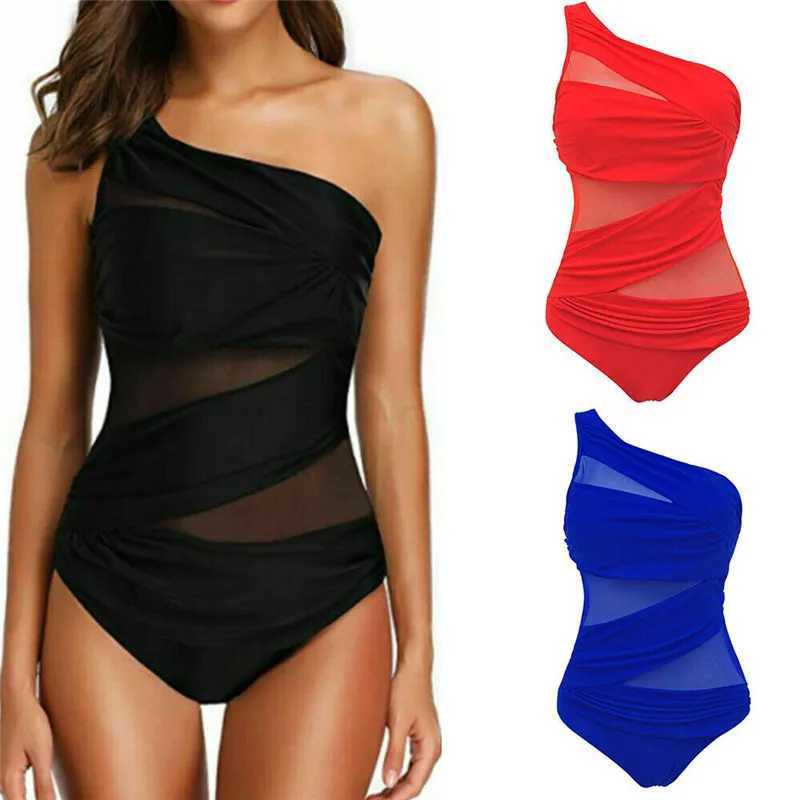 M-3XL 4XL Plus size swimsuit womens one shoulder ultra-thin swimsuit womens mesh pure black red blue push up pad swimsuitXJ250315
