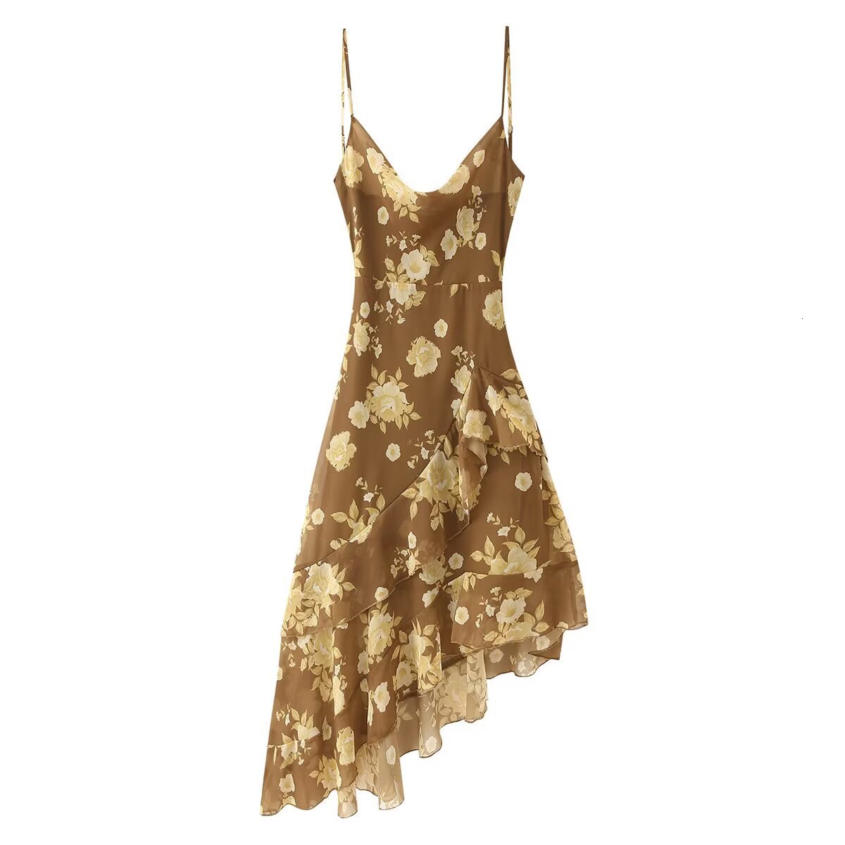 Double Layered Lotus Leaf Edge Chiffon Swing Collar Suspender Dress 2025 Summer New Style Sexy Slim Fit Mid Length Skirt