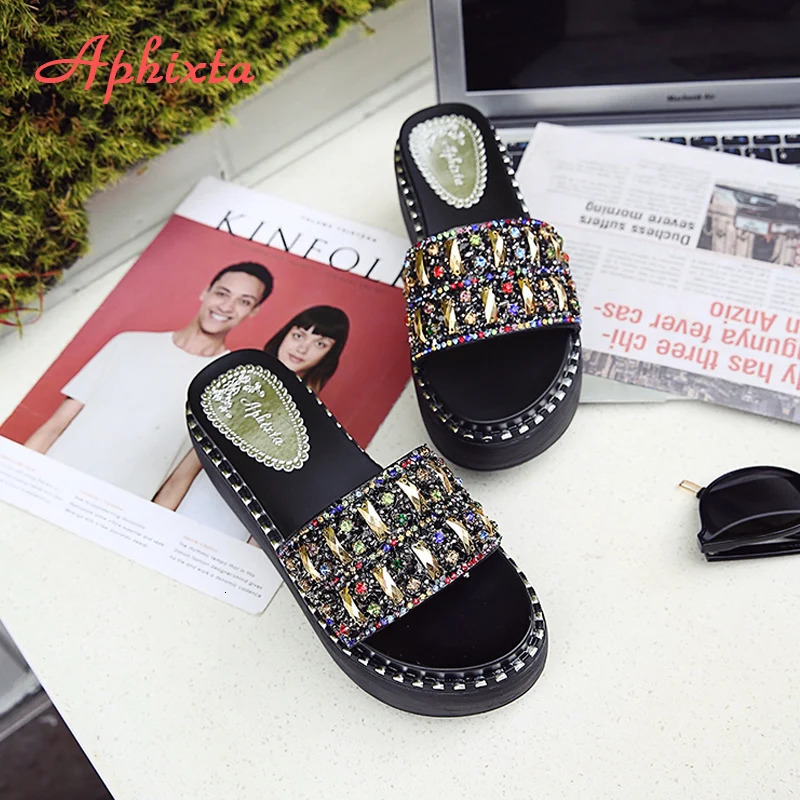 Aphixta Platform Rhinestone Sandals Slippers Women Gemstone Slides Women Shoes Wedge Slippers String Bead Beach Slides Shoes 250314