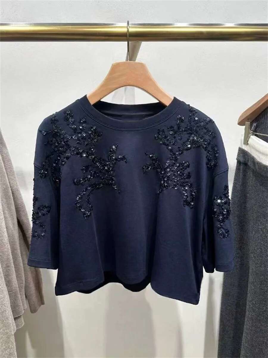Handmade Sequined Women Neck T-Shirt 2025 Spring Summer Short Sleeve Casual Versatile Tee Top For Female