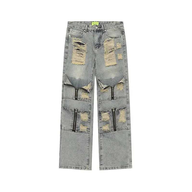 New multi zipper pocket washing and perforated jeans suitable for men and womens personalized straight leg retro casual pants y2k on the streetsT25031