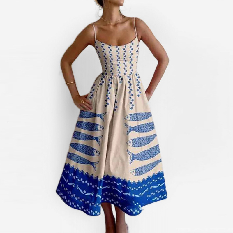 2025 Spring New Women's Clothing Elegant Printed High Waist Long Strap Dress
