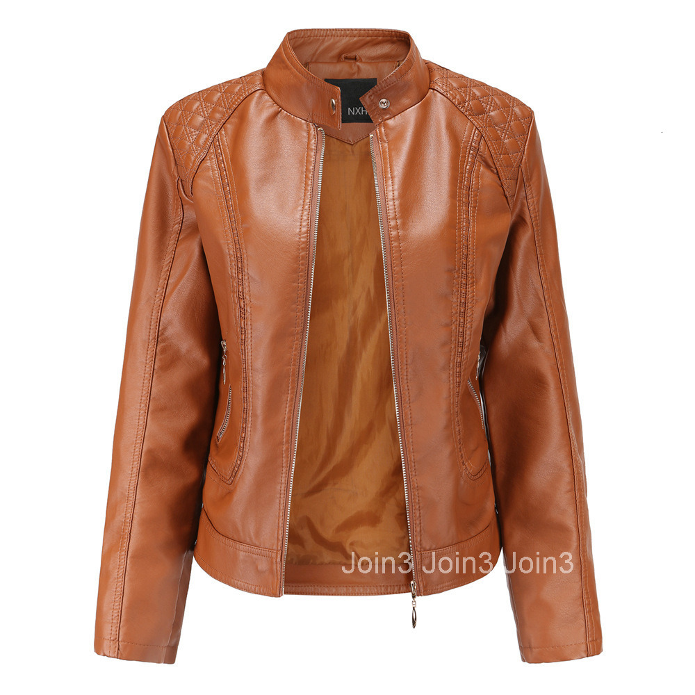 Fashion New Spring and Autumn Womens Leather Jacket Womens Temperament Large Stand Collar Pu Leather Womens Leather Jacket Womens Leather Coat